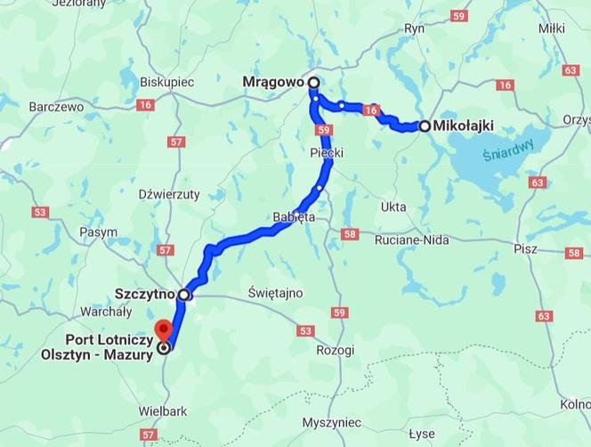  Mikołajki - Szymany Port Lotniczy Olsztyn-Mazury przez Mrągowo, Szczytno