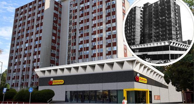 Biedronka w Katowicach po remoncie i stary pawilon w tym miejscu