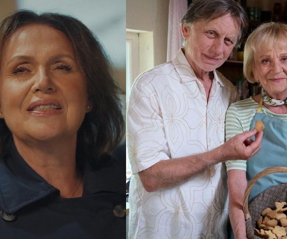 Po lewej stronie aktorka Małgorzata Pieńkowska uśmiechnięta. Po prawej, Krzysztof Tyniec podaje Małgorzacie Rożniatowskiej ciasteczko, z koszyka pełnego ciasteczek. To kadr z odcinka specjalnego M jak miłość, o którym więcej przeczytasz na Super Seriale.