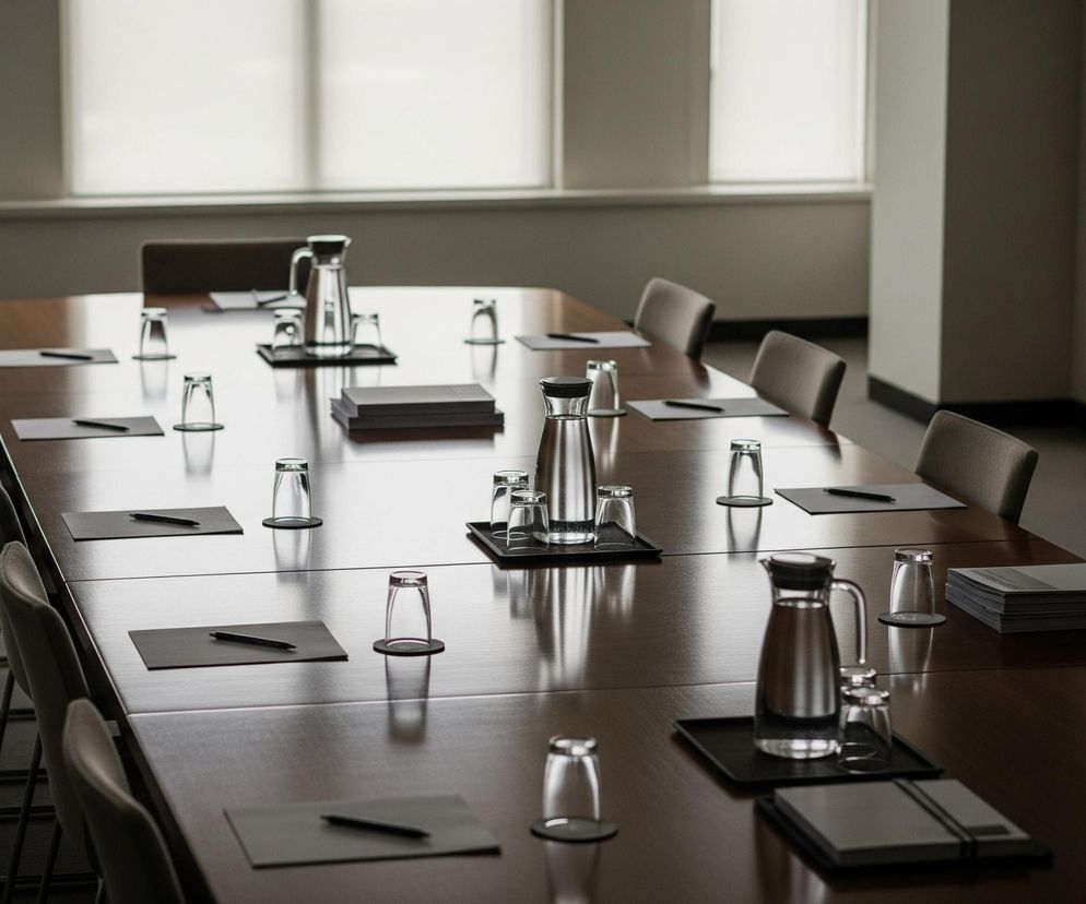 W centralnej części obrazu znajduje się długi, brązowy stół konferencyjny z lśniącą powierzchnią, wokół którego rozmieszczono szereg krzeseł z ciemnoszarym obiciem. Na stole widoczne są czarne podkładki z długopisami, odwrócone szklanki na podkładkach oraz dzbanki wypełnione wodą, otoczone dodatkowymi szklankami, stojące na czarnych tacach. W tle widoczne są białe żaluzje w oknach, a po prawej stronie, na komodzie z ciemnego drewna, leżą stosy dokumentów.
