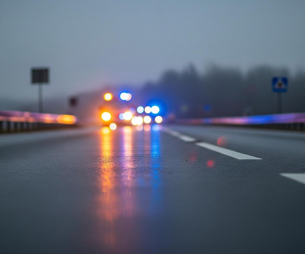 Główny plan przedstawia mokrą asfaltową drogę ze smugami białych pasów, odbijającą intensywne, rozmyte światła pojazdów. W oddali widać serię pomarańczowych i niebieskich świateł, sugerujących obecność samochodów uprzywilejowanych. Po bokach drogi biegną metalowe barierki ochronne, a za nimi rozpościera się niewyraźny krajobraz z ciemnymi sylwetkami drzew i szarym, zamglonym niebem.