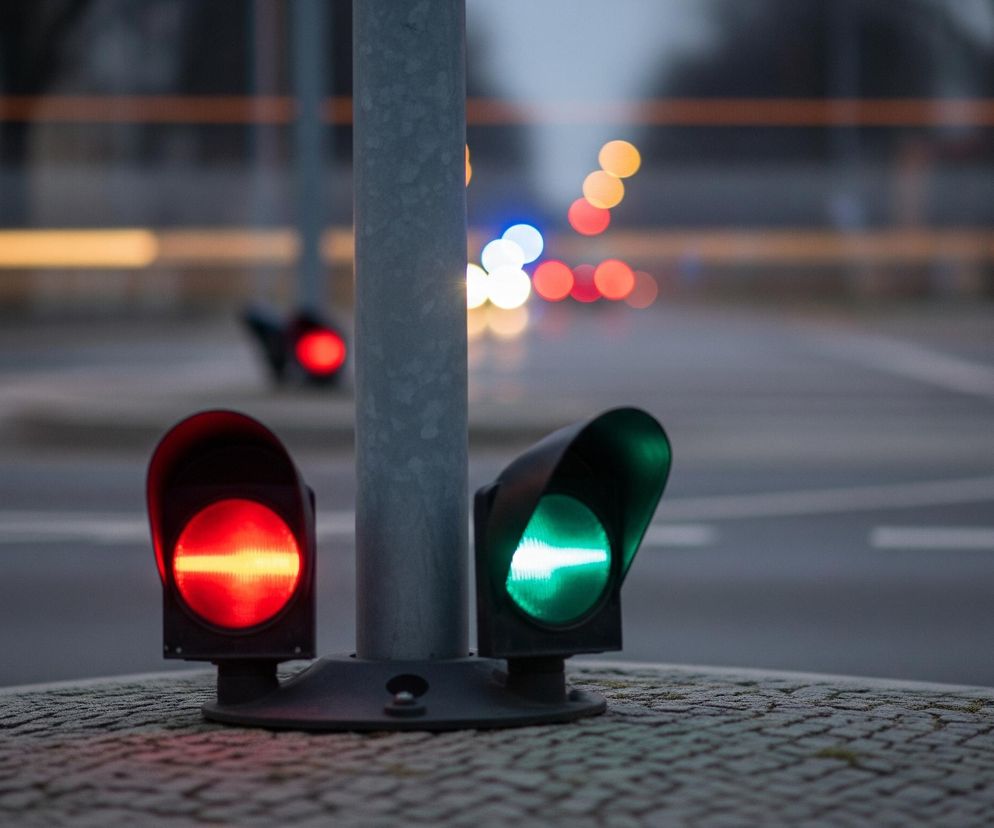 Na pierwszym planie, centralnie, znajduje się szary metalowy słup, do którego przymocowane są dwa sygnalizatory świetlne. Lewy sygnalizator świeci na czerwono, a prawy na zielono, obydwa są skierowane w stronę obserwatora. Sygnalizatory osadzone są na chropowatej, kamiennej powierzchni, prawdopodobnie chodniku lub murku. W tle widać rozmyte światła samochodów i latarni miejskich, tworzące kolorowe kule bokeh na ciemnym tle ulicy.