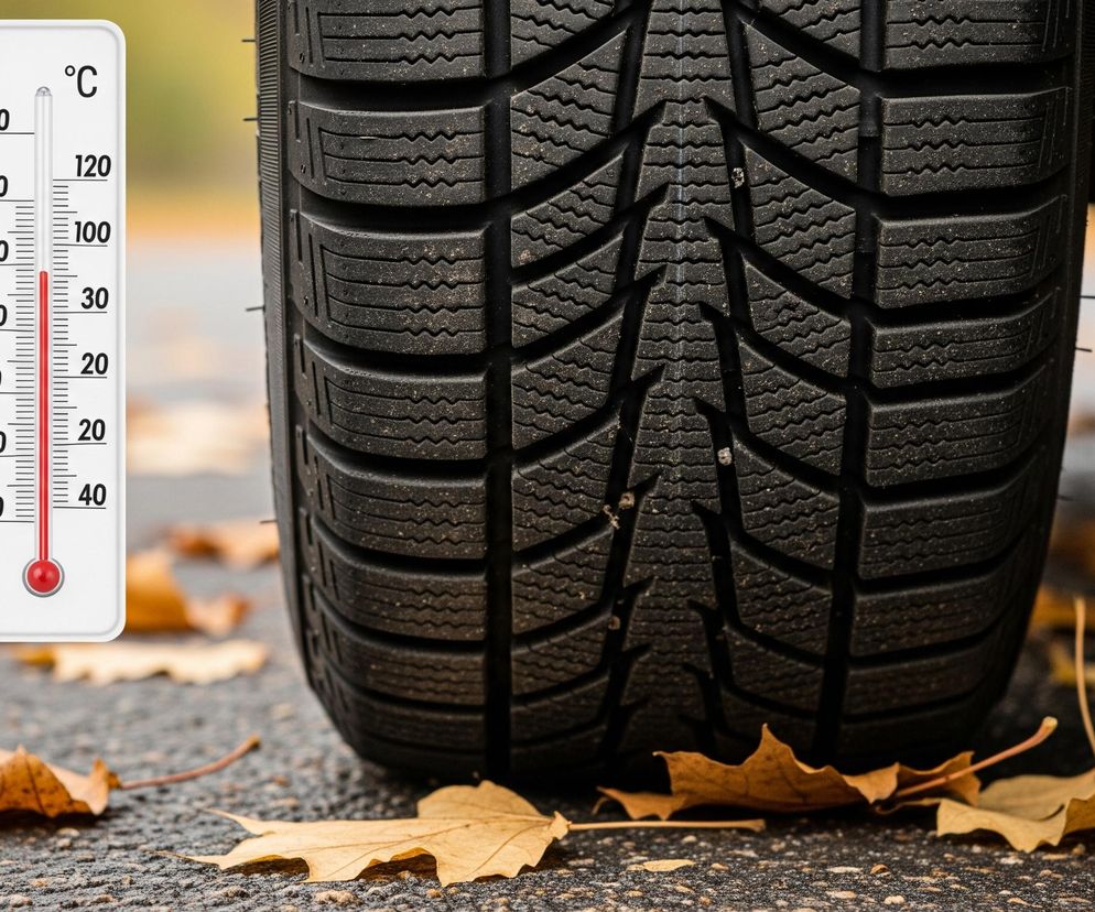 Na pierwszym planie, z lewej strony, widoczny jest biały termometr z czerwoną skalą rtęciową, wskazującą około 7-8 stopni Celsjusza. Obok niego, w centrum kadru, znajduje się pionowo ustawiona opona samochodowa z wyraźnym, bieżnikowym wzorem zimowym, pokryta drobnymi ziarenkami piasku lub kurzu. Całość umieszczona jest na szarej, asfaltowej nawierzchni, po której rozsypane są liczne, suche, brązowo-żółte liście klonu, symbolizujące jesień. Tło jest rozmyte, ale widać na nim odcienie zieleni i pomarańczowego.