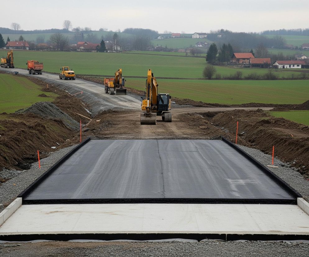 Na pierwszym planie widoczny jest odcinek budowanej drogi, częściowo pokryty ciemnoszarym asfaltem, a pod nim jasnym betonem. Obok niego, po obu stronach, leżą warstwy żwiru i ziemi. W oddali, na horyzoncie, rozciągają się zielone pola i zabudowania mieszkalne z czerwonymi dachami, a za nimi las. Poza asfaltową nawierzchnią widoczne są maszyny budowlane: dwie żółte koparki, żółta równiarka oraz pomarańczowa ciężarówka, wszystkie na tle szarego, zachmurzonego nieba.