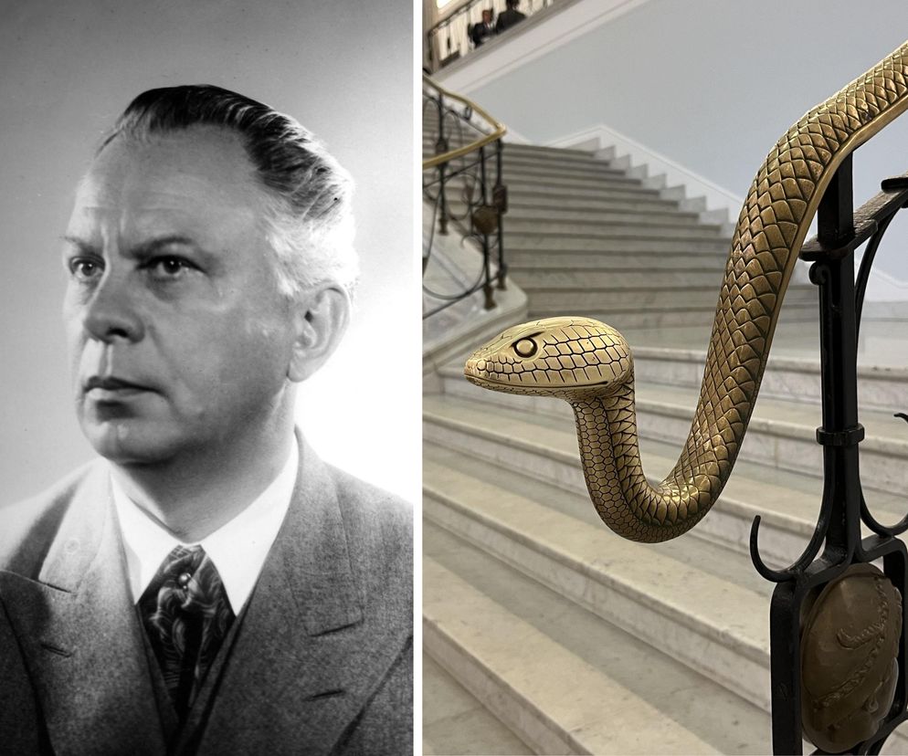 Bohdan Pniewski na czarno-białym portrecie i fragment balustrady z głową węża z budynku Sejmu RP, zaprojektowanego przez Pniewskiego. Więcej o wybitnym architekcie przeczytasz na Architektura Murator Plus.