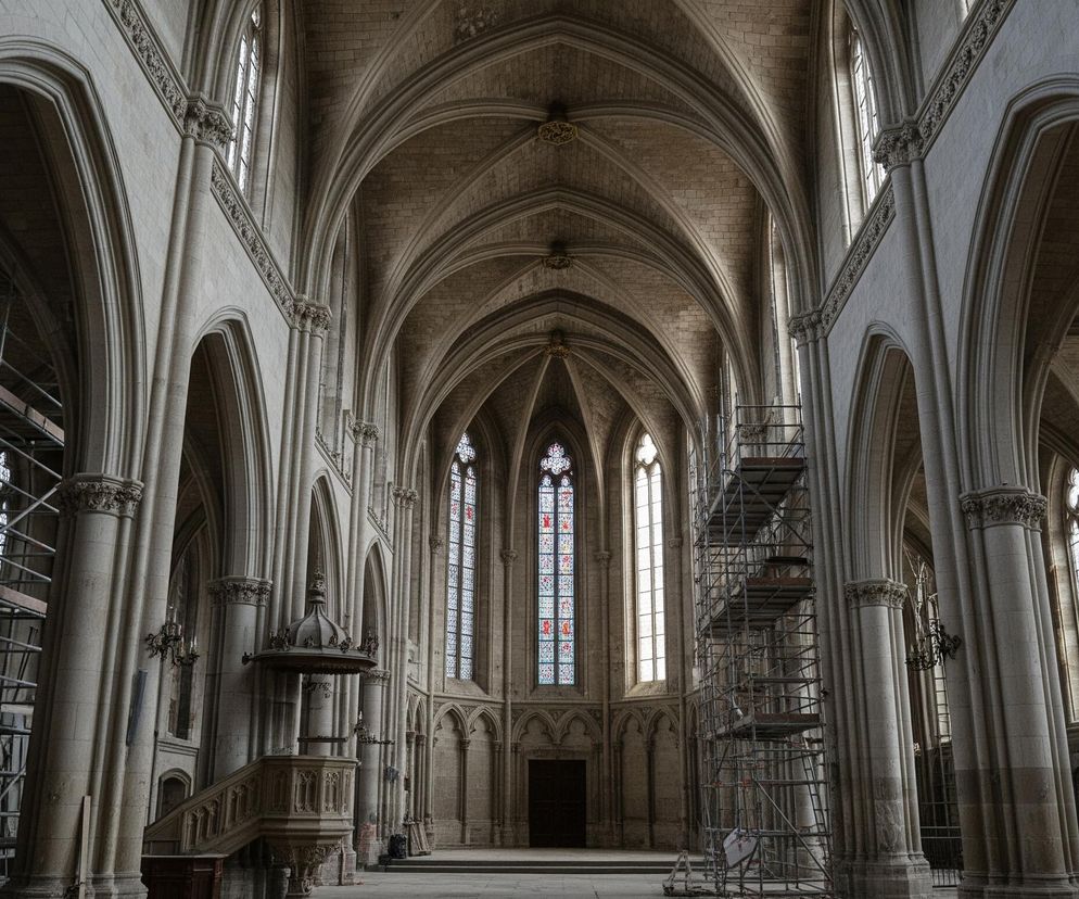 Wnętrze dużej, strzelistej budowli sakralnej, prawdopodobnie katedry lub kościoła, oświetlone światłem wpadającym przez wysokie, wąskie okna. Architektura gotycka charakteryzuje się licznymi łukami ostrymi, kolumnami oraz sklepieniami krzyżowo-żebrowymi w jasnych odcieniach szarości i beżu. Na pierwszym planie po lewej i prawej stronie widoczne są wysokie, metalowe rusztowania, sugerujące prace konserwatorskie lub remontowe. Centralnie usytuowana jest ambona z bogato rzeźbionym drewnianym wykończeniem, a dalej w tle, za rzędem filarów, znajdują się dalsze okna, z których jedno po lewej stronie ma witraże w odcieniach czerwieni i błękitu.
