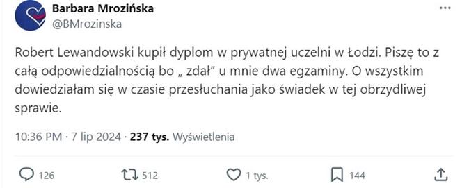 Dr Barbara Mrozińska oskarżyła Roberta Lewandowskiego