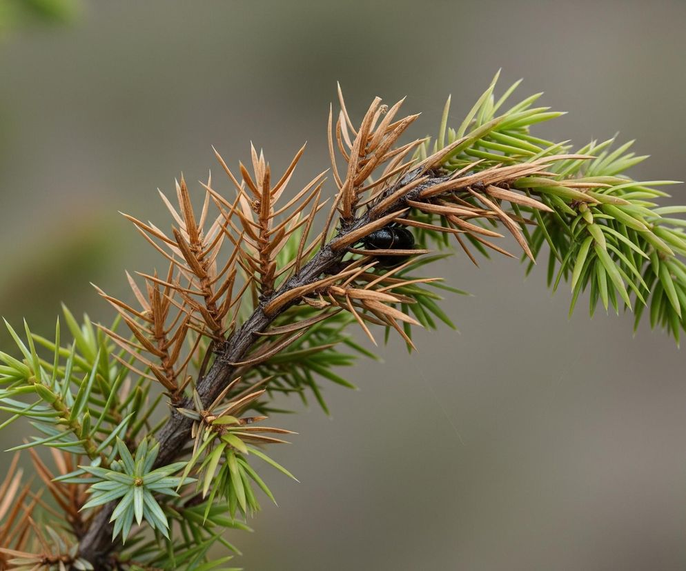 Gałąź iglastego krzewu, prawdopodobnie jałowca, biegnie przez środek kadru, od lewej dolnej części do prawej górnej. Na gałęzi widoczne są zarówno żywe, zielone igły, jak i uschnięte, brązowe, ostro zakończone igły. Na brązowej, uschniętej części gałęzi, po lewej stronie od centrum, znajduje się mały, ciemny owad o błyszczącym pancerzu. Tło jest rozmyte, utrzymane w odcieniach szarości i zieleni, co skupia uwagę na gałęzi.