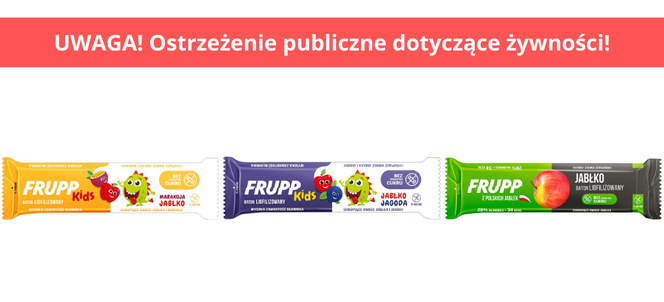 Ostrzeżenie publiczne dotyczące żywności: Dobrowolne wycofanie 3 partii produktów pn.  „Frupp Jabłko”, „Frupp Kids jabłko – marakuja”, „Frupp Kids jabłko – jagoda” 