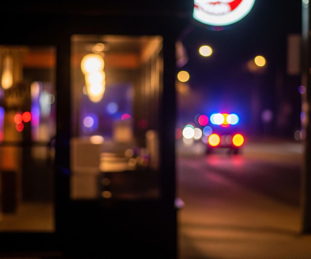 Ciemne ujęcie nocnej ulicy, z lewej strony widoczne są drzwi i witryna sklepu lub budynku. Wewnątrz sklepu świecą się ciepłe, żółte światła, tworząc rozmyte plamy. Na zewnątrz, po prawej stronie kadru, znajduje się ulica z rozmazanymi światłami samochodów, w tym wyraźnie niebieskimi i czerwonymi światłami policyjnego koguta w oddali. Tło jest całkowicie rozmyte, zdominowane przez kolorowe, okrągłe plamy świetlne na ciemnym tle.