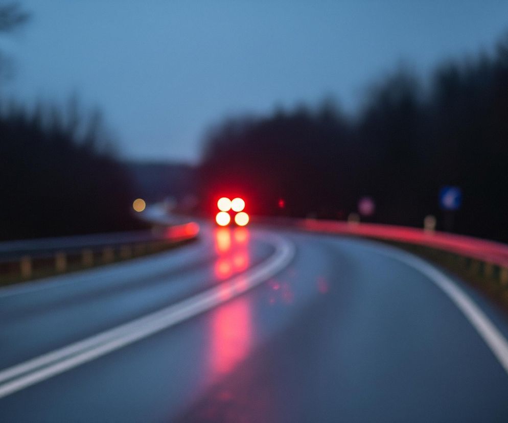 Droga asfaltowa, zwilżona przez deszcz lub mżawkę, zakręca w prawo, z dwiema białymi, ciągłymi liniami na środku. Na horyzoncie widoczne są cztery czerwone światła, prawdopodobnie tylne lampy samochodu, z odbiciami na mokrej nawierzchni. Po prawej stronie drogi biegnie czerwona, metalowa barierka ochronna, a po obu stronach drogi rozciąga się ciemny las, którego sylwetki drzew są zamazane. Cała scena jest rozmyta, dominują ciemne odcienie szarości i błękitu, z akcentami czerwieni.