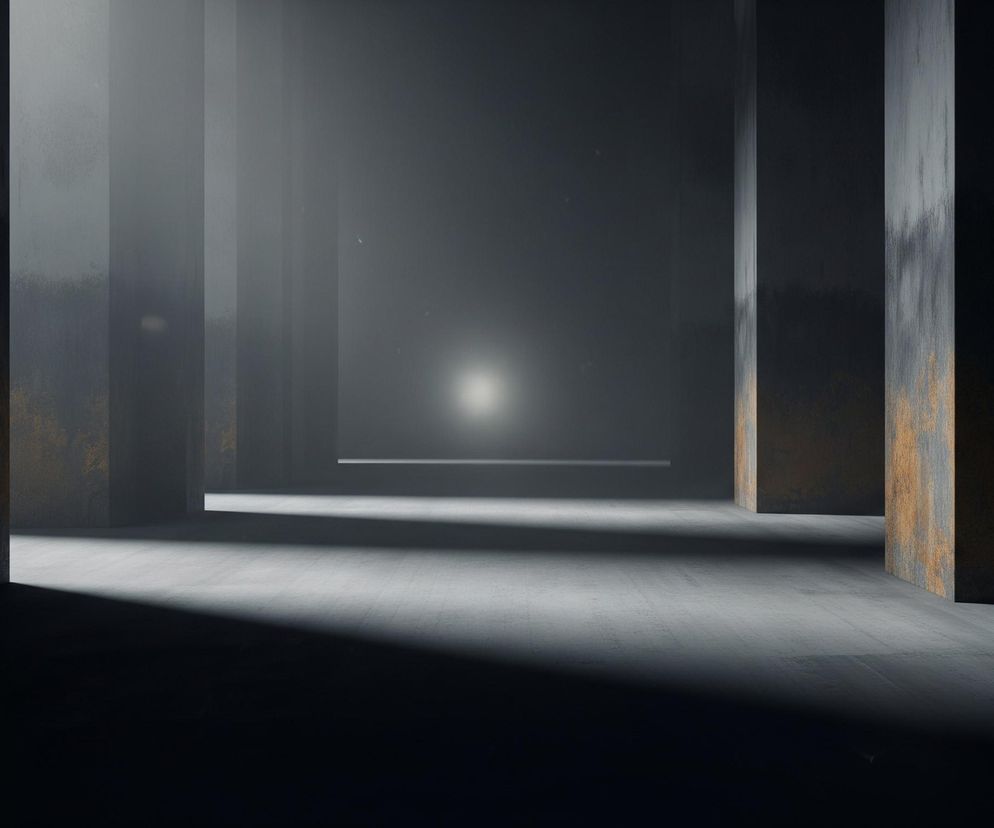 Przedstawiono dużą, pustą przestrzeń przypominającą korytarz lub halę, zdominowaną przez ciemne, betonowe ściany i filary. Centralnym punktem jest pojedyncze, jasne źródło światła umieszczone na tle oddalonej, ciemnej ściany, rzucające smugę światła na podłogę. Boczne ściany i szerokie filary po lewej i prawej stronie są szare, poprzecinane pionowymi pasami i wyraźnymi śladami rdzy w odcieniach pomarańczowo-brązowych. Podłoga jest jasnoszara, a na niej widać wyraźne cienie rzucane przez filary i odległe źródło światła.