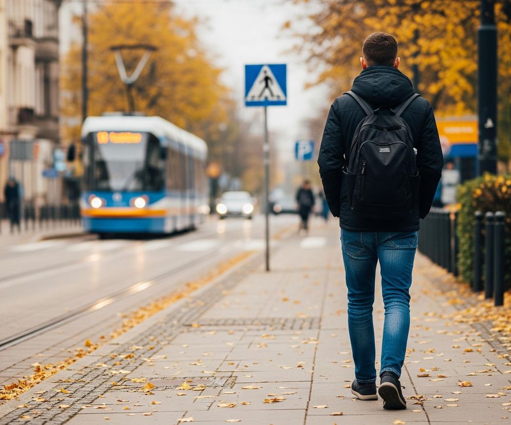 Mężczyzna w czarnej kurtce z kapturem i dżinsach, z czarnym plecakiem na ramionach, idzie chodnikiem pokrytym opadłymi, żółtymi liśćmi. Po jego lewej stronie znajduje się ulica z torami tramwajowymi, na której w oddali widać niebieski tramwaj i samochody. Po prawej stronie widoczne są krzewy i drzewa o jesiennych, żółtych liściach, a dalej budynki miejskie. Niebieski znak drogowy, symbolizujący przejście dla pieszych, stoi obok mężczyzny.