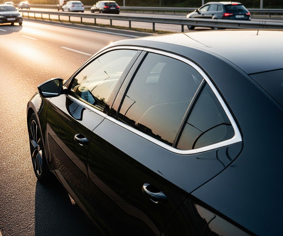 Czarny samochód osobowy jest zaparkowany na poboczu drogi, ujęty od strony pasażera z tylnej części. Lśniąca karoseria odbija światło zachodzącego słońca, które oświetla asfalt z prawej strony kadru na złoto-pomarańczowy kolor. W oddali, na kilku pasach jezdni, widać szereg samochodów jadących w tym samym kierunku.