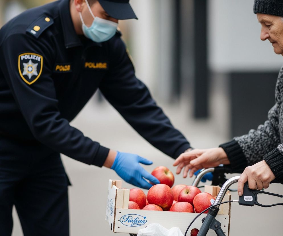 Mężczyzna w ciemnym mundurze z napisem POLIZIA na ramieniu i na klapie, czapce oraz błękitnej maseczce ochronnej na twarzy podaje czerwone jabłka z drewnianej skrzynki starszej kobiecie. Kobieta ubrana jest w szaro-biały sweter i czarną czapkę, a jej dłonie spoczywają na uchwytach chodzika, na którym umieszczona jest skrzynka. Mężczyzna ma na dłoniach błękitne rękawiczki, a cała scena rozgrywa się na zewnątrz.