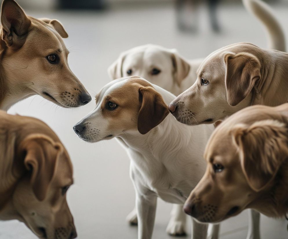 Grupa psów znajduje się w jasnym, rozmazanym pomieszczeniu, prawdopodobnie patrzy w dół lub w centrum. W centralnej części kadru widoczny jest pies o białej sierści z brązowymi łatami na głowie, patrzący w lewo. Na jego lewo, z profilu, znajduje się pies o jasnobrązowej sierści z czarną obrożą, spoglądający w stronę białego psa. Po prawej stronie, również z profilu, widać psa o kremowo-złotej sierści z ciemną obrożą, patrzącego w lewo. Na dole kadru, z lewej strony, jest kolejny pies o brązowej sierści, a na dole z prawej, także w brązowych odcieniach, zlewają się z tłem inne psy.