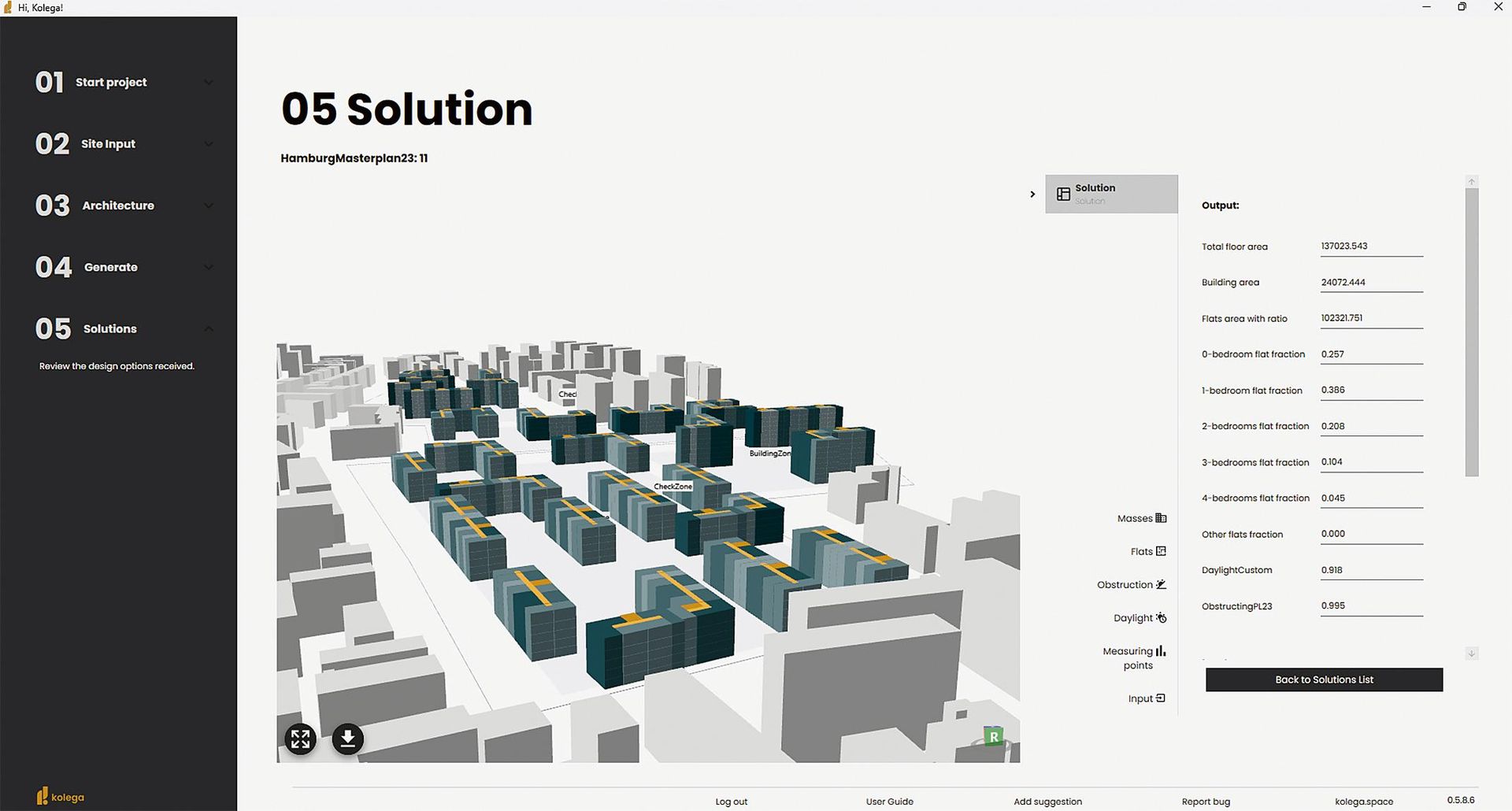 Układ zabudowy spełniający warunki przestrzenne, w 100% wygenerowany automatycznie z wykorzystaniem oprogramowania Kolega, stworzonym przez Designbotic