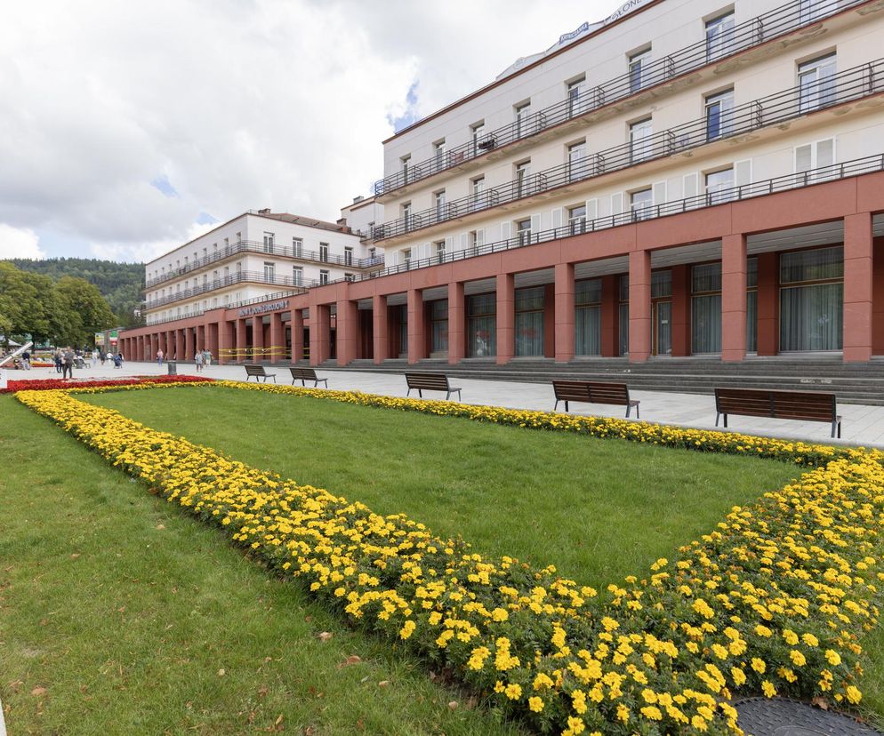 Budynek sanatorium Nowy Dom Zdrojowy w Krynicy-Zdroju, z widocznym trawnikiem i żółtymi rabatami kwiatów. Obiekt o beżowej elewacji z balkonami, zadaszonym parterem wspartym na kolumnach. Na pierwszym planie ławki. Więcej o darmowym sanatorium na NFZ przeczytasz na Poradnik Zdrowie.