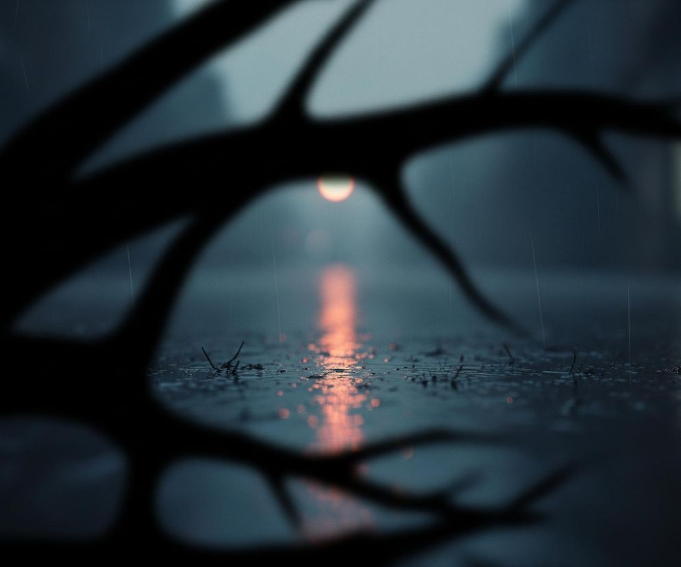 Na pierwszym planie, w lewym dolnym rogu, znajduje się rozmyta, ciemna gałąź drzewa z ostrymi, pofalowanymi krawędziami, która rozciąga się w prawo przez większość kadru. Na środku obrazu widoczna jest mokra powierzchnia, prawdopodobnie ulica lub chodnik, odbijająca pomarańczowe światło, tworzące podłużny pas. W oddali, na horyzoncie, widoczne jest rozmyte, pomarańczowe słońce lub źródło światła, które odbija się w kałuży. Całe tło jest rozmyte i utrzymane w ciemnych, niebiesko-szarych tonacjach, z delikatnymi smugami deszczu widocznymi w powietrzu.