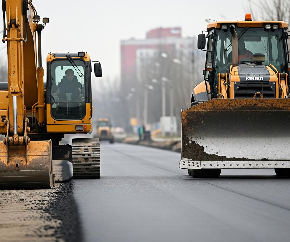 Na pierwszym planie, z lewej strony, stoi żółta koparka gąsienicowa z dużą łyżką, częściowo zabrudzoną ziemią. Po prawej stronie drogi widoczny jest spychacz o żółto-czarnej kolorystyce, z szerokim lemieszem pokrytym ziemią i napisem KUNIKO na masce. Pomiędzy maszynami rozciąga się nowo ułożony, ciemnoszary asfalt. W tle, po obu stronach drogi, znajdują się gołe drzewa oraz słupy latarni, a dalej, niewyraźne, widoczne są budynki.