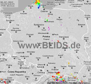 Burze w Polsce 6.07.2012 - MAPKA z godz. 12.15-14.15