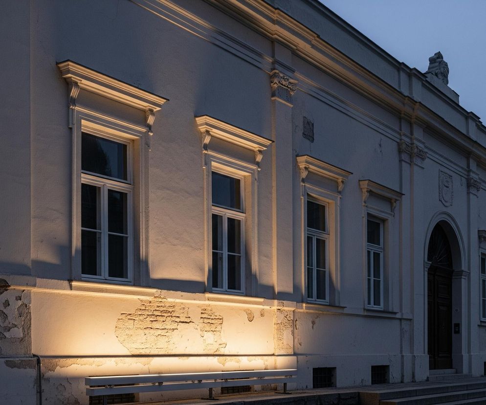 Na zdjęciu widoczna jest fasada starego, jasnego budynku o klasycystycznych zdobieniach, oświetlona ciepłym, żółtym światłem od dołu, które podkreśla jej strukturę i zniszczenia tynku. Długi, biały budynek ma na całej długości rzędy okien z białymi ramami i ozdobnymi gzymsami. Przed budynkiem stoi długa ławka z jasnego metalu, również oświetlona ciepłym światłem, a dalej widać stopnie i fragment brukowanej nawierzchni. Niebieskie niebo o zmierzchu zajmuje prawą górną część kadru, a po prawej stronie budynku widać fragment innego, niższej konstrukcji z czerwonym dachem i ciemną bramą.