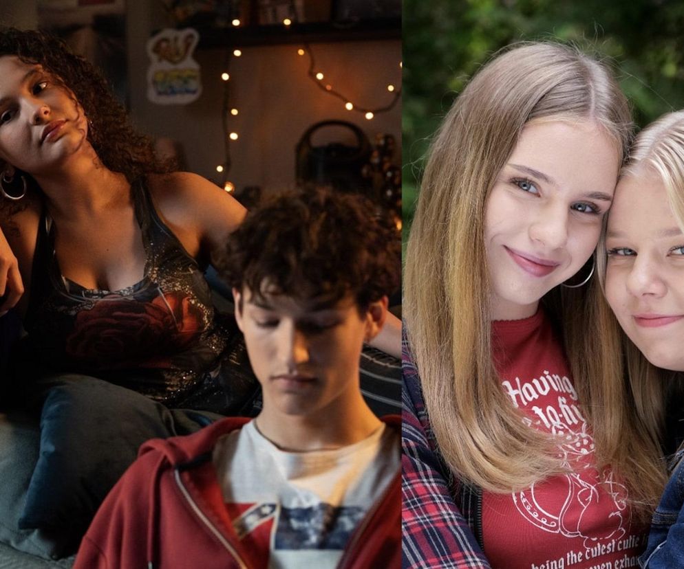 Julita z M jak miłość z tajemniczym uśmiechem siedząca obok Grześka oraz Lenka i Sara uśmiechające się do zdjęcia. Zdjęcie przedstawia bohaterów serialu, których losy można śledzić na stronie Super Seriale.