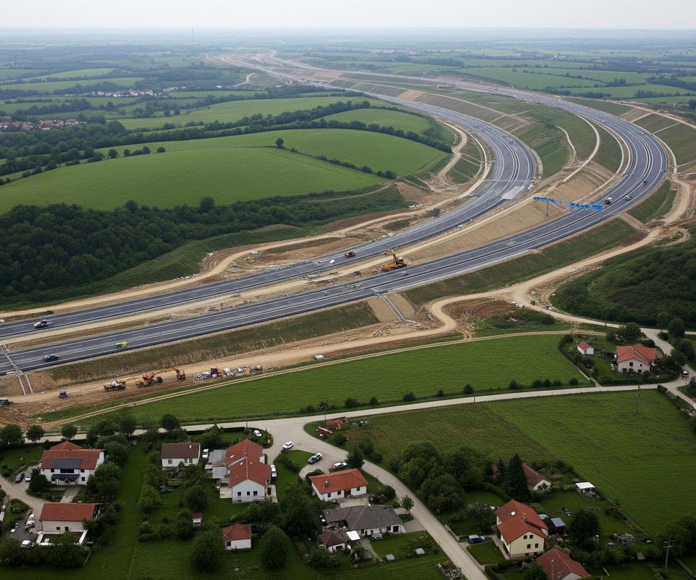 Duża autostrada w budowie zakrzywia się przez zielony krajobraz wiejski, biegnąc wzdłuż obrazu. Wzdłuż autostrady widoczne są fragmenty nawierzchni w różnym stadium ukończenia, z pasami jezdni częściowo wykończonymi i pokrytymi ciemnym asfaltem, a także szarymi betonowymi barierkami po bokach. Na nieutwardzonych poboczach i centralnych pasach rozdzielających autostrady rozmieszczono ciężki sprzęt budowlany, taki jak koparki i walce, wraz z materiałami budowlanymi. Liczne samochody i ciężarówki poruszają się po ukończonych fragmentach drogi.

Wokół autostrady rozciągają się rozległe, zielone pola uprawne, poprzecinane lasami i mniejszymi drogami gruntowymi. Po obu stronach autostrady, w obrębie pól, ulokowane są skupiska domów mieszkalnych o pomarańczowych dachach i jasnych elewacjach, często otoczonych zielonymi ogrodami. Niebo jest jasne i jednolite, z delikatną mgiełką, rozciągającą się daleko na horyzoncie.
