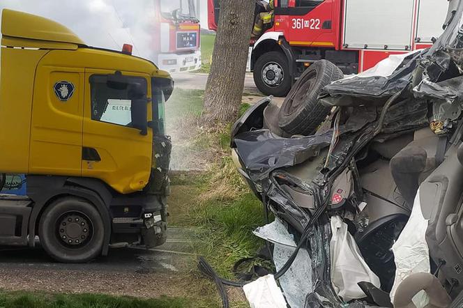 Potworne zderzenie pod Płockiem. Citroena wjechał prosto pod tira. 39-latkę i jej pasażera zabrała karetka [ZDJĘCIA]