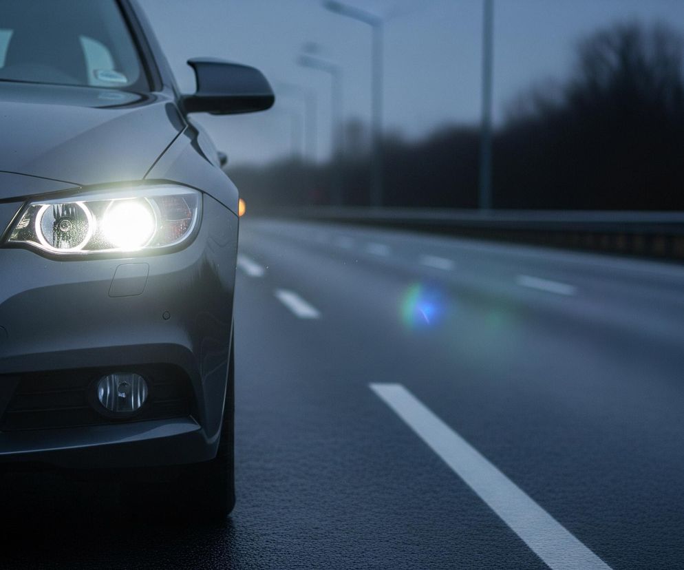 Szary samochód osobowy, widoczny z przodu i z boku, stoi na ciemnym, mokrym asfalcie. Jego przednie światła są włączone i jasno świecą, oświetlając krople wody na reflektorach. Droga, pokryta przerywanymi białymi liniami, rozciąga się w prawo i oddala w dali, gdzie widoczne są niewyraźne zarysy latarni ulicznych i ciemnych drzew.