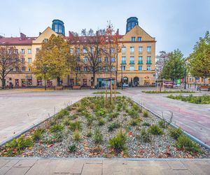 Plac Baczyńskiego w Tychach po przebudowie. Mniej betonu, więcej zieleni