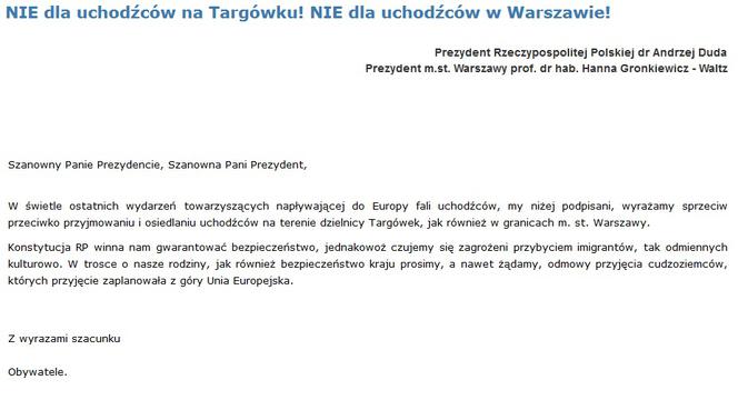 Petycja Nie dla uchodźców