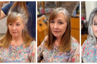 Olśniewająca metamorfoza fryzury kobiety po 50-tce. Fryzjer nie ufarbował jej siwych odrostów i obciął włosy. Zrobił jej odmładzającą fryzurę dla kobiet po 50-tce