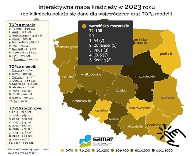 Te auta na Warmii i Mazurach kradziono najczęściej w 2023 r. Która marka jest niechlubnym liderem?