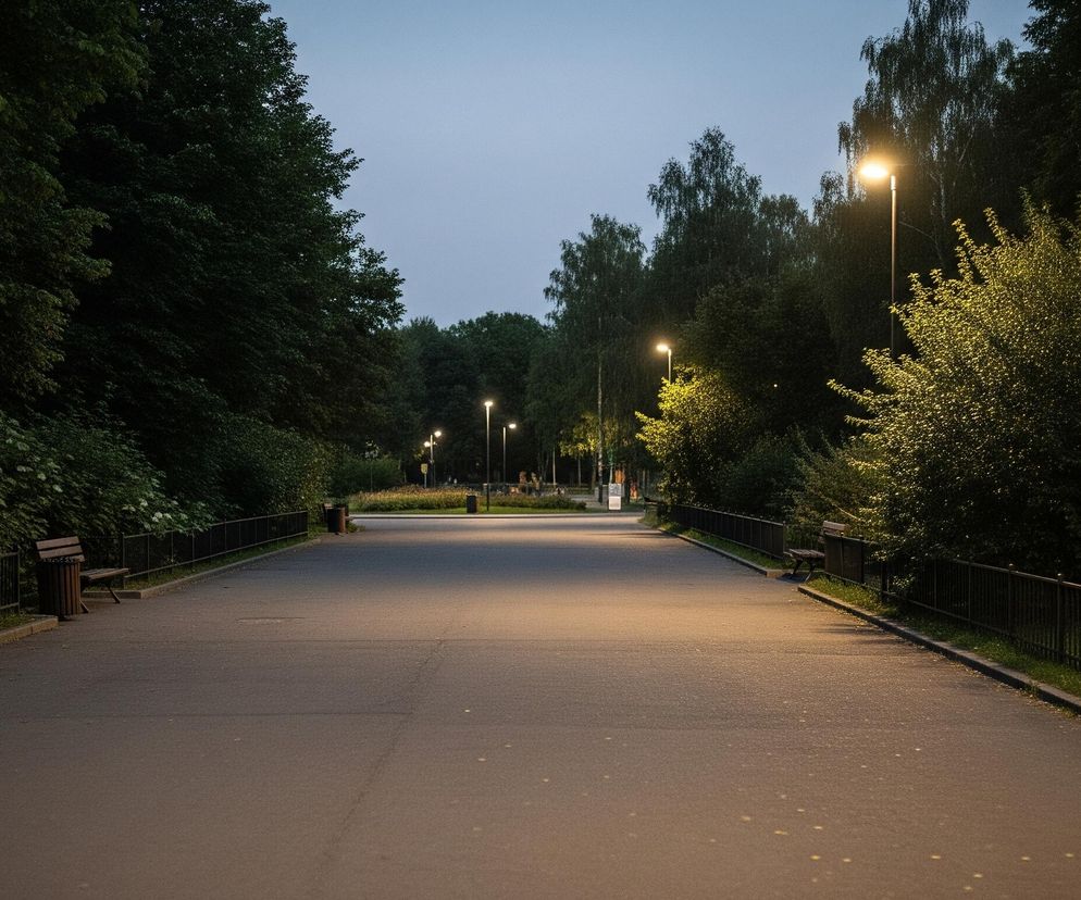 Długa, asfaltowa ścieżka parkowa biegnie prosto przez środek kadru, oświetlona ciepłym, żółtym światłem latarni. Po obu stronach ścieżki rozciągają się bujne, ciemnozielone drzewa i krzewy, tworząc gęsty las. Metalowe, ciemne ogrodzenia wzdłuż krawędzi ścieżki oddzielają ją od trawników i roślinności. W oddali widać więcej latarni, a niebo przybiera odcień ciemnego błękitu przechodzącego w szarość zmierzchu.