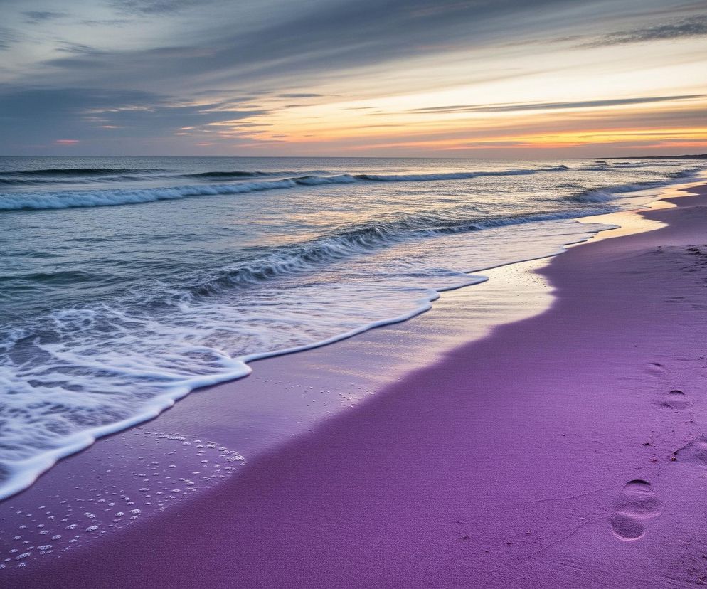 Szeroki widok na plażę o zachodzie słońca, z rzędem fal uderzających o piasek, który przybiera intensywnie fioletowy odcień. Fale morskie, z błękitną wodą przechodzącą w białą pianę, wydają się rozmyte, co wskazuje na długi czas naświetlania. Na fioletowej plaży widoczne są liczne ślady stóp, a na horyzoncie, w prawym górnym rogu, majaczy linia ciemnych drzew. Niebo nad plażą jest wielobarwne, z dominującymi odcieniami szarości, pomarańczu i żółci, układającymi się w pasy chmur, rozciągające się po całej szerokości.