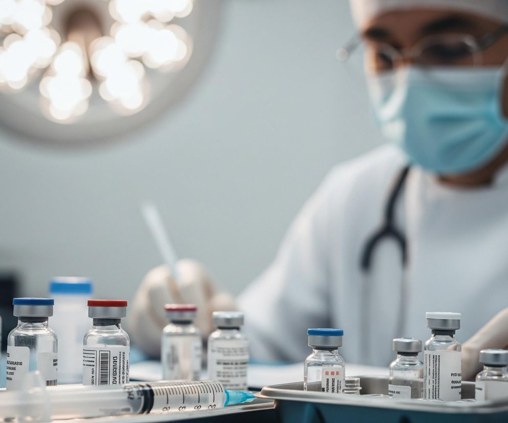 Na pierwszym planie, w dolnej części kadru, widać tacę wypełnioną fiolkami z lekami oraz strzykawkami. Fioki są przezroczyste, z białymi etykietami i kolorowymi nakładkami na korkach: niebieskimi, czerwonymi i srebrnymi. Dwie strzykawki leżą poziomo, jedna z nich ma niebieską końcówkę.

W tle, w nieostrym świetle, znajduje się osoba w białym fartuchu lekarskim, masce na twarzy i okularach. Ma założone jasne rękawiczki i wykonuje czynności związane z przygotowywaniem leków, trzymając w dłoniach jakiś przedmiot. Za nią widać rozmyte, jasne światło, przypominające lampę operacyjną.