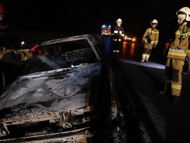 Spalone auto na drodze pod Opocznem. W środku zwęglone ciało 54-latka [ZDJĘCIA]
