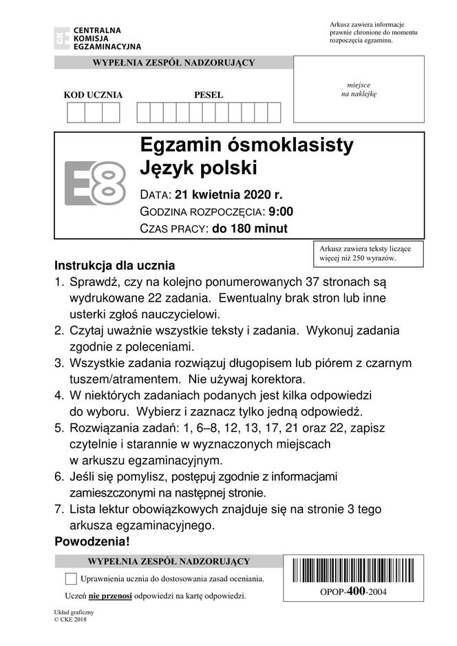 Egzamin ósmoklasisty 2020 - arkusz egzaminacyjny z jęz. polskiego