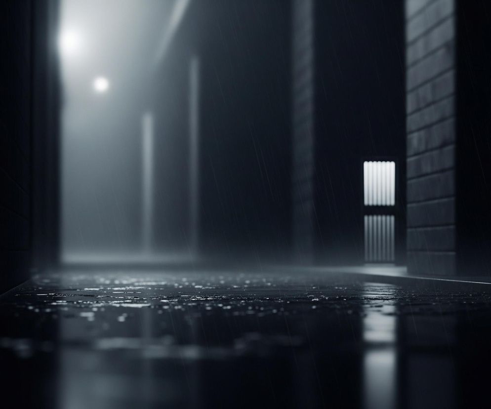 Zaciemnione, deszczowe otoczenie w stonowanych odcieniach szarości i czerni. Na pierwszym planie widoczna jest mokra powierzchnia, prawdopodobnie asfaltu lub betonu, pokryta licznymi kroplami wody, z wyraźnymi refleksami świetlnymi. W tle, po lewej stronie, dominuje rozmyte, jasne światło, emitujące białą poświatę, a po prawej stronie widać ścianę z cegieł lub bloków, z niewielkim, pionowym oknem lub kratą. Padający deszcz tworzy delikatne smugi na całym obrazie.