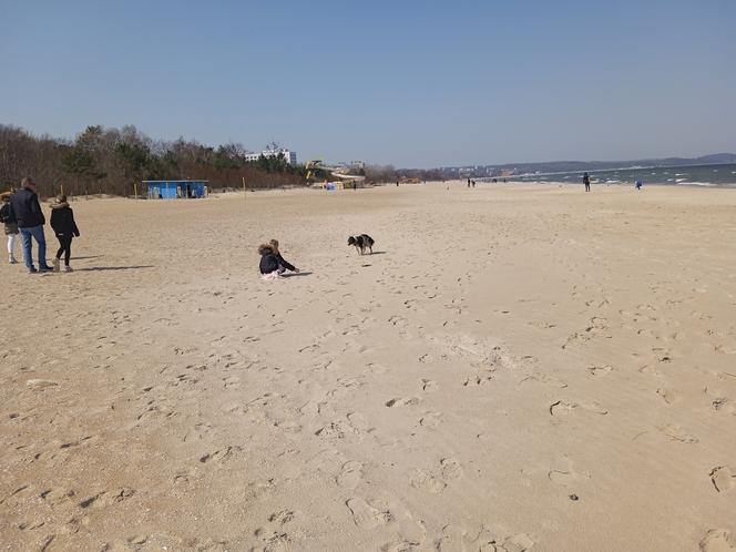 Mieszkańcy korzystają ze słonecznej pogody. Na plaży w Jelitkowie widać już pierwszych spacerowiczów!