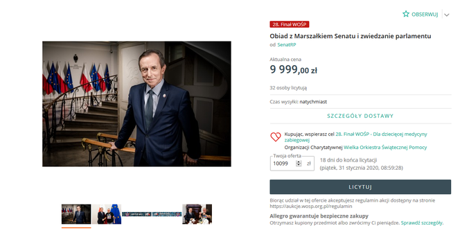 Aukcja charytatywna na rzecz WOŚP - obiad z marszałkiem Senatu Tomaszem Grodzkim