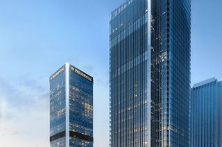 Wizualizacja Lilium Tower obok dawnych budynków Marriotta i Elektrimu