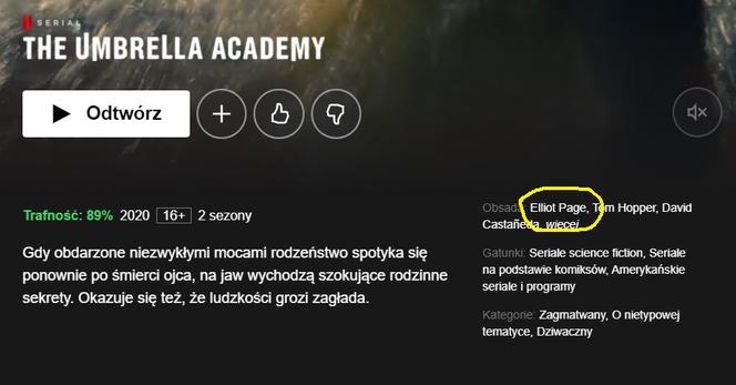 Elliot Page na stronie Netflix Umbrella Academy