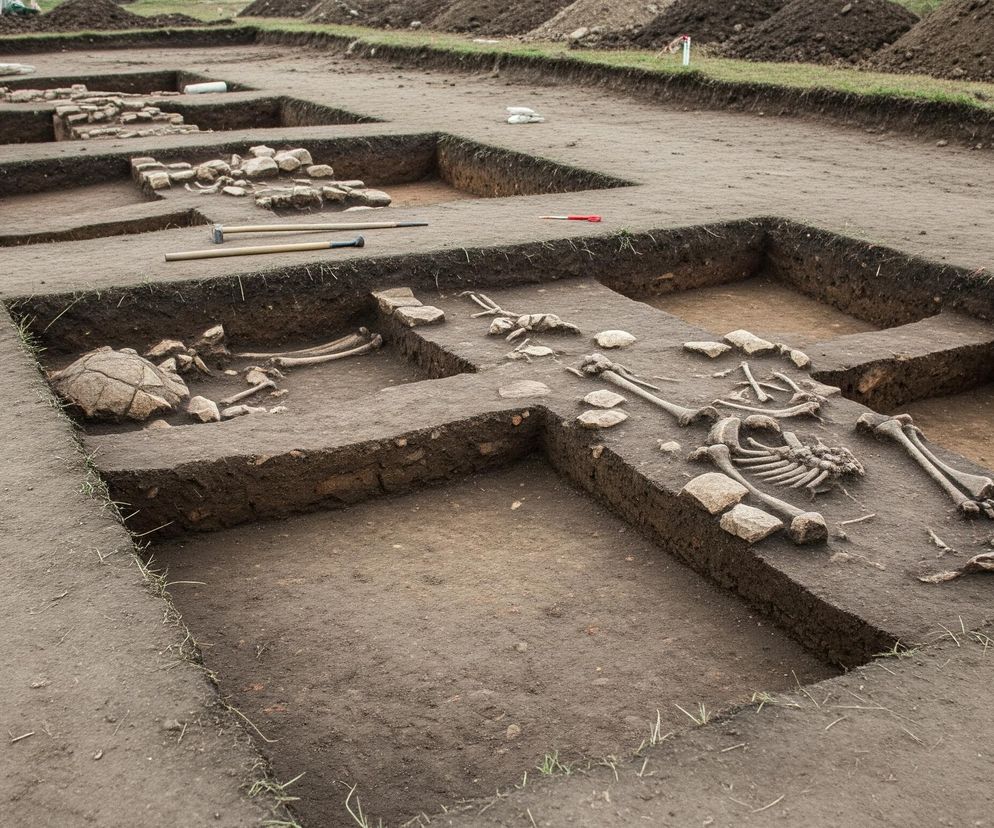 Wykopaliska archeologiczne prezentują głębokie, prostokątne doły w ziemi, ujawniając pod warstwami gruntu szkielety ludzkie. W centralnej części obrazu widoczny jest kompletny szkielet ułożony na plecach, z widocznymi kośćmi czaszki, żeber, miednicy i kończyn. Obok, po lewej stronie, znajdują się fragmenty kolejnego szkieletu, w tym czaszka częściowo zakryta kamieniami. Rozrzucone kamienie i fragmenty kości otaczają szkielety, a narzędzia archeologiczne, takie jak łopaty i pędzle, leżą na krawędziach wykopów. Tło wypełniają hałdy ziemi i zielona trawa, sugerując rozległe prace terenowe.