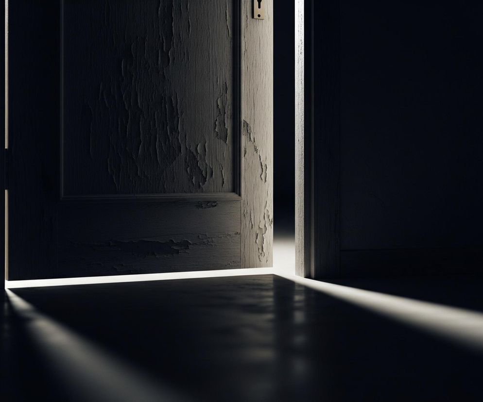 Szczelina lekko uchylonych drzwi, umieszczonych centralnie, rozjaśnia ciemne otoczenie jasnym światłem wpadającym z zewnątrz. Lewa strona drzwi ukazuje popękaną, łuszczącą się białą farbę, natomiast krawędź po prawej stronie drzwi jest ciemniejsza. Światło tworzy na podłodze wyraźny, długi pas, rozciągający się od progu w głąb ciemnego pomieszczenia, rzucając cień na prawą część obrazu. Na górze lewej części drzwi widać niewielki, prostokątny element z małą, okrągłą dziurką.