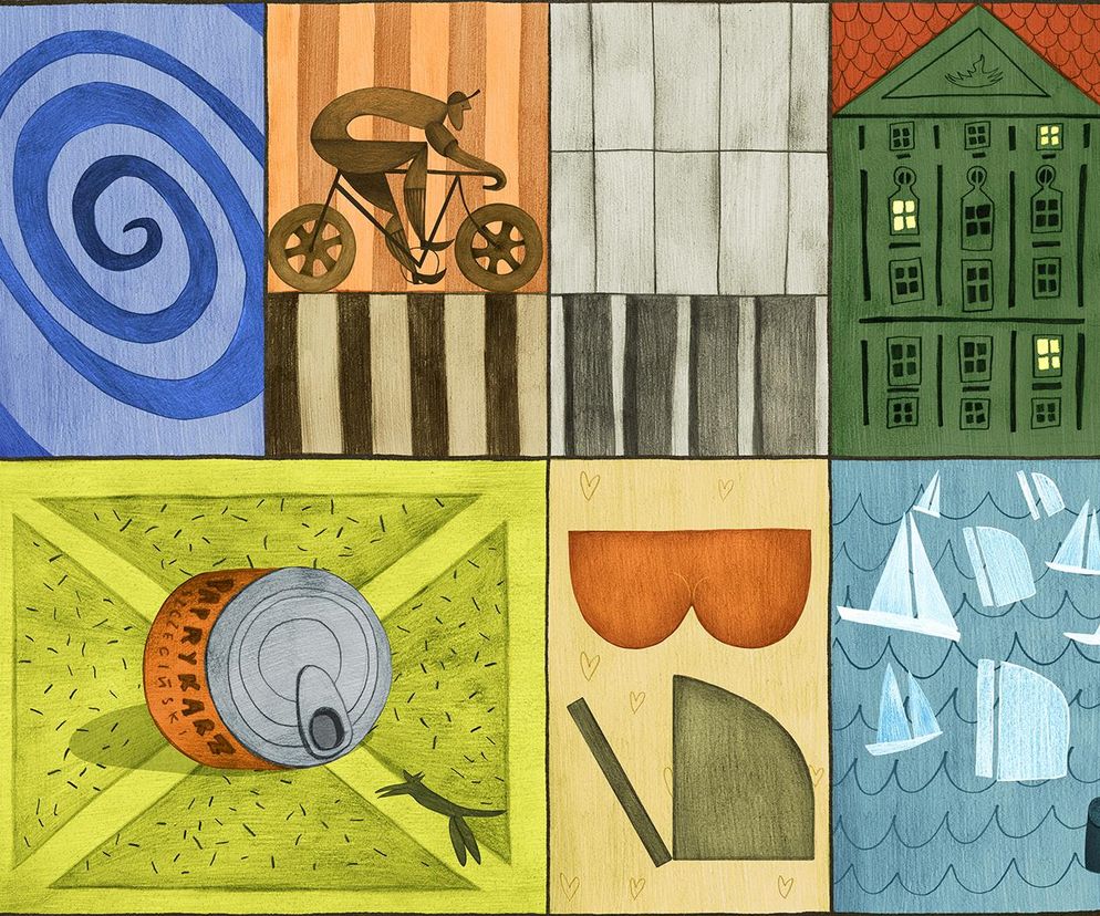 Ilustracja złożona z dziewięciu kwadratowych kadrów, przedstawiająca różne elementy architektoniczne i miejskie, w tym nowoczesne budynki, kamienicę, hydrant oraz sceny z życia miasta, jak rowerzysta czy żaglówki, symbolizuje różnorodność wyzwań konkursowych Projekt Łazienki 2025 opisanych na Architektura Murator Plus.