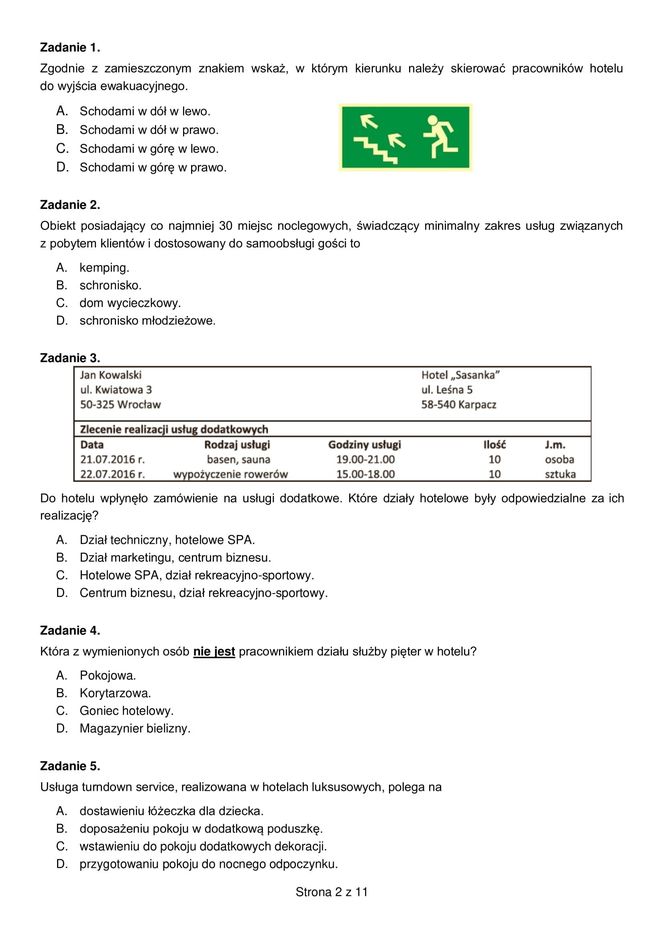 Egzamin zawodowy technik hotelarstwa - przykładowe zadania. Nazwa kwalifikacji: Obsługa gości w obiekcie świadczącym usługi hotelarskie