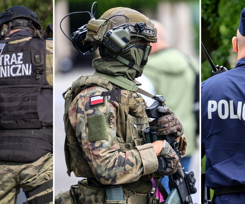 Funkcjonariusze służb mundurowych: strażnik graniczny w kamizelce kuloodpornej, żołnierz w kamuflażu z polską flagą na ramieniu oraz policjant z radiostacją. Na Super Biznes przeczytasz o zarobkach w wojsku, policji i Straży Granicznej.