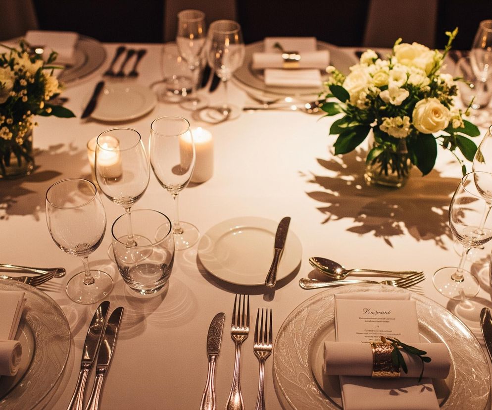 Na białym obrusie rozłożono nakrycia dla wielu gości, tworząc eleganckie ustawienie stołu. Dwa główne bukiety z białych i żółtych kwiatów w szklanych wazonach, otoczone zielonymi liśćmi, stanowią centralne elementy dekoracji, rozmieszczone wzdłuż stołu. Świece w przezroczystych szklankach i świecznikach dostarczają ciepłego, miękkiego światła, tworząc nastrojową atmosferę. Każde nakrycie składa się z dużego, ozdobnego szklanego talerza, na którym leży złożona serwetka w beżowym kolorze, przewiązana złotym pierścieniem z małą zieloną gałązką, oraz menu z napisem Kartenzähler. Po obu stronach talerza ułożono srebrne sztućce: widelce, noże i łyżki, a obok stoją różnej wielkości kieliszki do wina i wody.